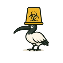 The Queensland Sharps Disposal Information Service Logo is an image features a cartoon-style Australian white ibis with a yellow sharps disposal container, turned upside down on its head as if it's wearing it like a hat. The bird has a long, curved black beak, contrasting black and white plumage, and dark grey legs. The container prominently displays a biohazard symbol. The ibis is centered against a clean white background, creating a playful and minimalist design.